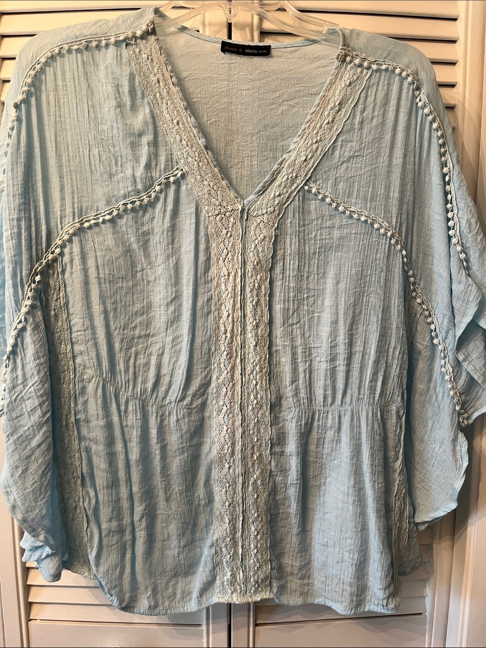Women's Light Blue Crochet-Trim V-Neck Blouse